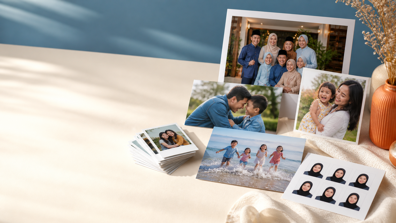 A collection of family photo prints and passport photos