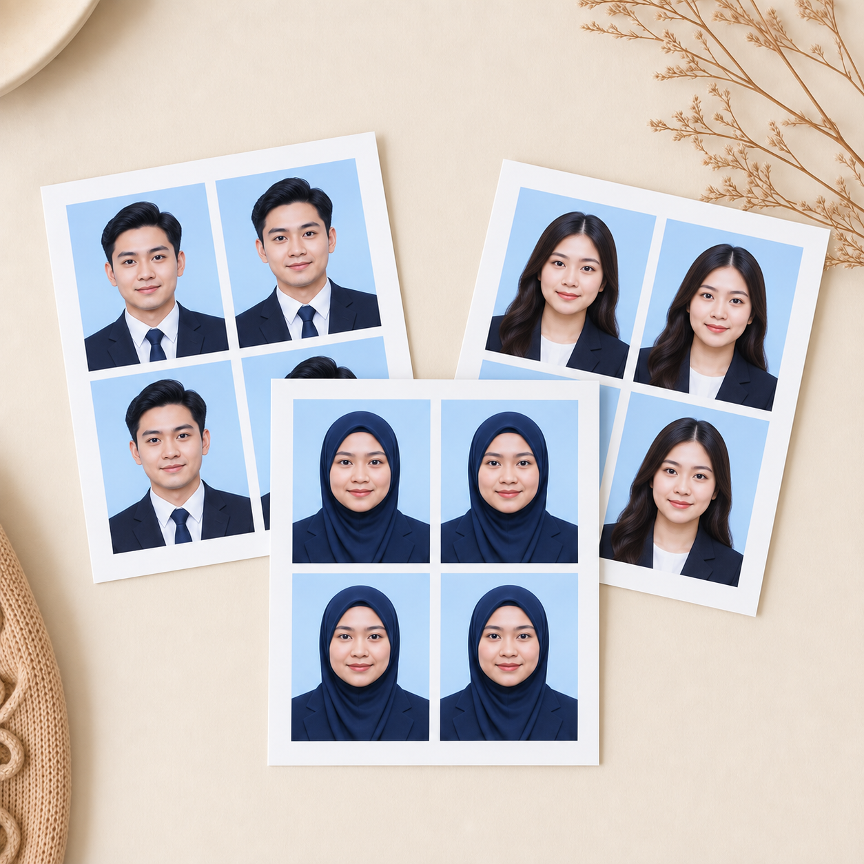 Multiple ID photo sheets, each with a set of four portraits
